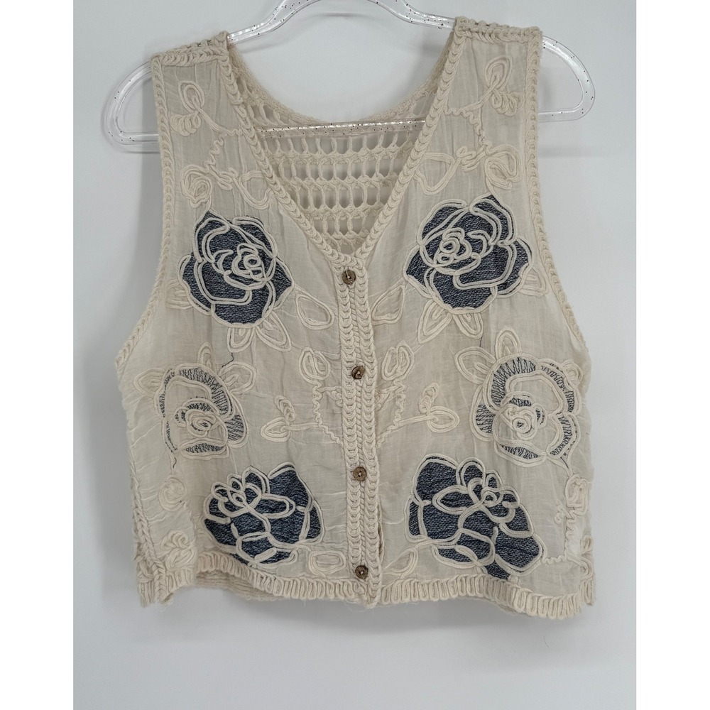 Temu Floral Embroidered Crochet Back Button Vest Cream Blue Sz XL Boho Rose